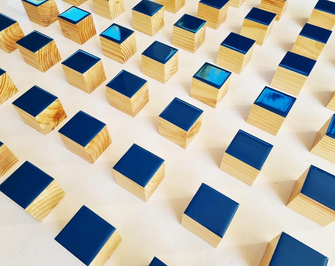 Hand-Painted 3D Wood Wall Art Cubes, Deep Blue Resin Coated