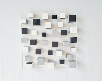 Wood wall art in black, white and grey colors.  shiny, bright resin finish on top. Modern decoration. 3D wall sculpture, Geometric art ©