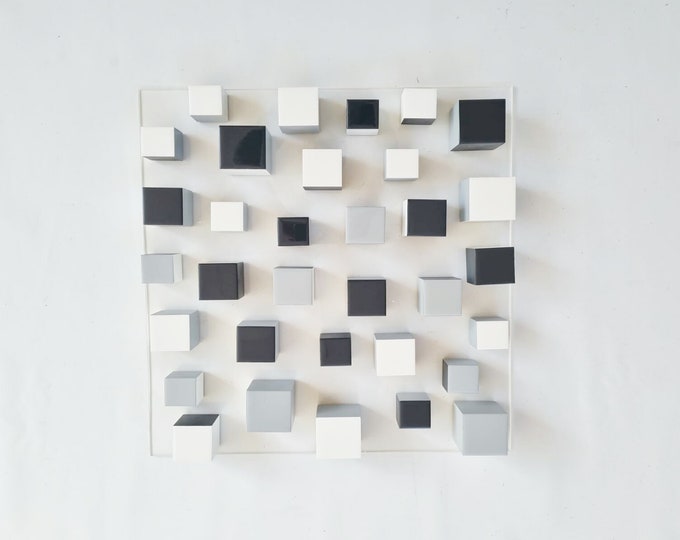 Wood wall art in black, white and grey colors.  shiny, bright resin finish on top. Modern decoration. 3D wall sculpture, Geometric art ©