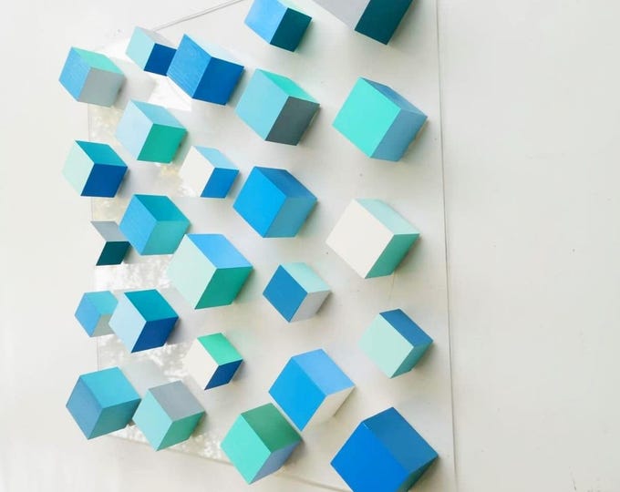 Hand Painted Wood Cube Wall Art: 3D Ocean Colors Sculpture