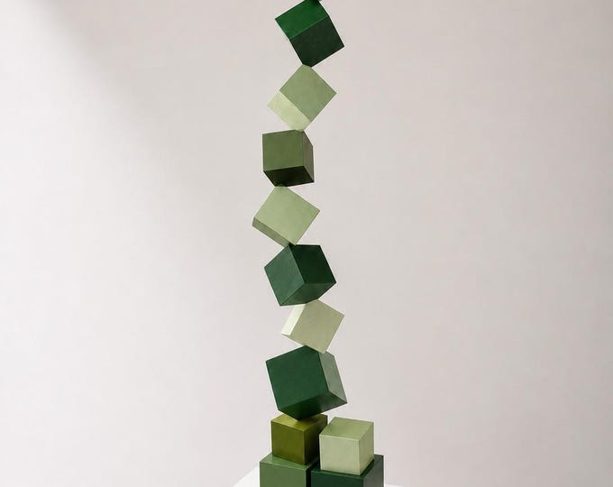 Green Abstract Sculpture, Geometric Wooden Art, Luxury Interior Decor, Handmade Statement Piece
