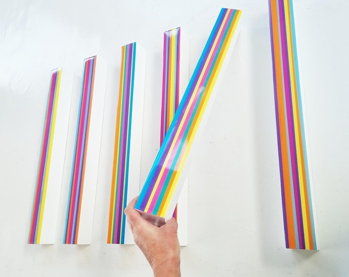 Hand painted large and colorful wooden beams with glossy epoxy resin. Modern decor. Geometric wood sculpture. Bright color 3D block art.