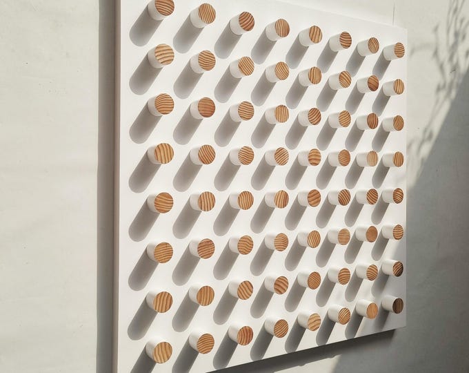 White 3D Wood Panel with White Cylinders, Natural Top, Modern Large-Scale Wall Art (Custom Sizes)