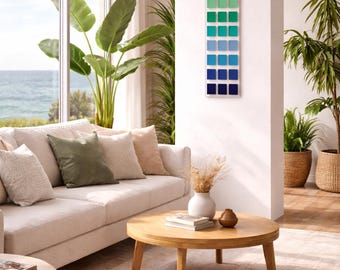 Blue Green Acrylic Wall Art Hand Painted Gradient Panel Geometric Cube Sculpture Large Modern Abstract Decor Perspex 38x12