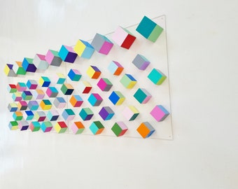 Hand Painted Wood Cube Wall Art: 3D Geometric Mosaic