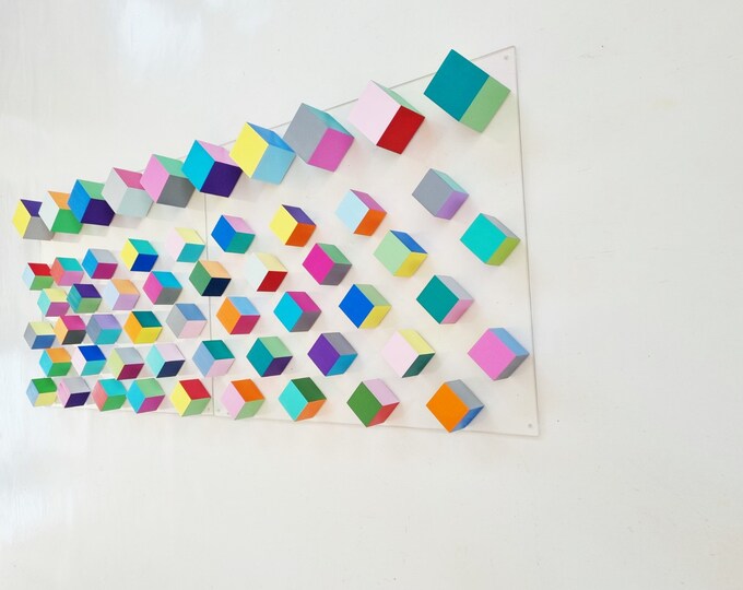 Wood wall art, 3d art in happy and bold colors.  Hand painted Geometric design, Mosaic. Cube Art. 3D art. Floating Wall decor hanging