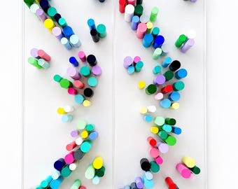 Colorful Wood Dowel Wall Art, Handmade 3D Sculpture, Floating Acrylic Panel, Modern Geometric Wall Decor