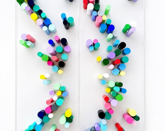 Colorful Wood Dowel Wall Art, Handmade 3D Sculpture, Floating Acrylic Panel, Modern Geometric Wall Decor