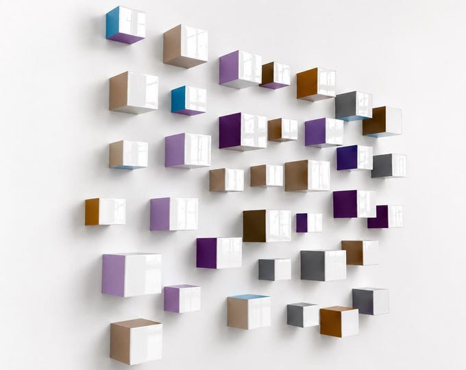 White 3D Wood Cube Art, Modern Sculpture, Neutral Lavender Blue Decor, Resin Installation