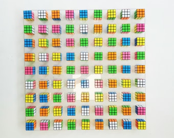 Unique Rubiks Cube wall art. © Magic cube puzzle wall piece. Original retro vintage toy Rubik cube art piece. 80s nostalgia puzzle picture.