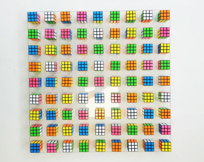 Unique Rubiks Cube wall art. © Magic cube puzzle wall piece. Original retro vintage toy Rubik cube art piece. 80s nostalgia puzzle picture.
