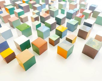Hand Painted Wood Wall Art Cubes: Japandi Resin Sculpture