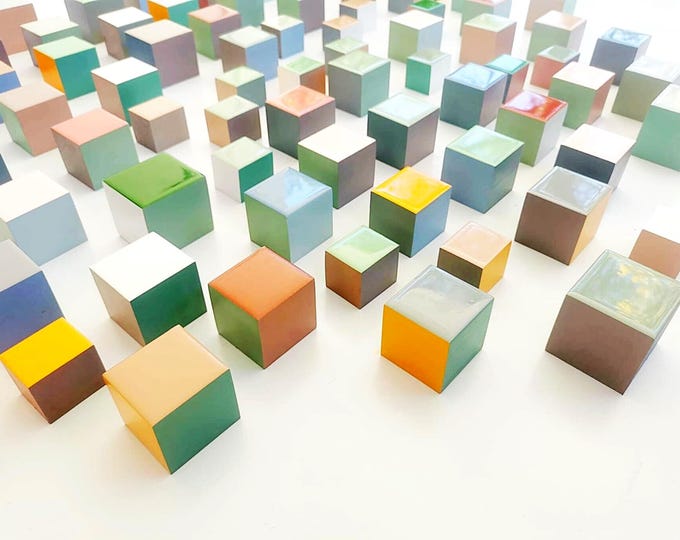 Hand Painted Wood Wall Art Cubes: Japandi Resin Sculpture
