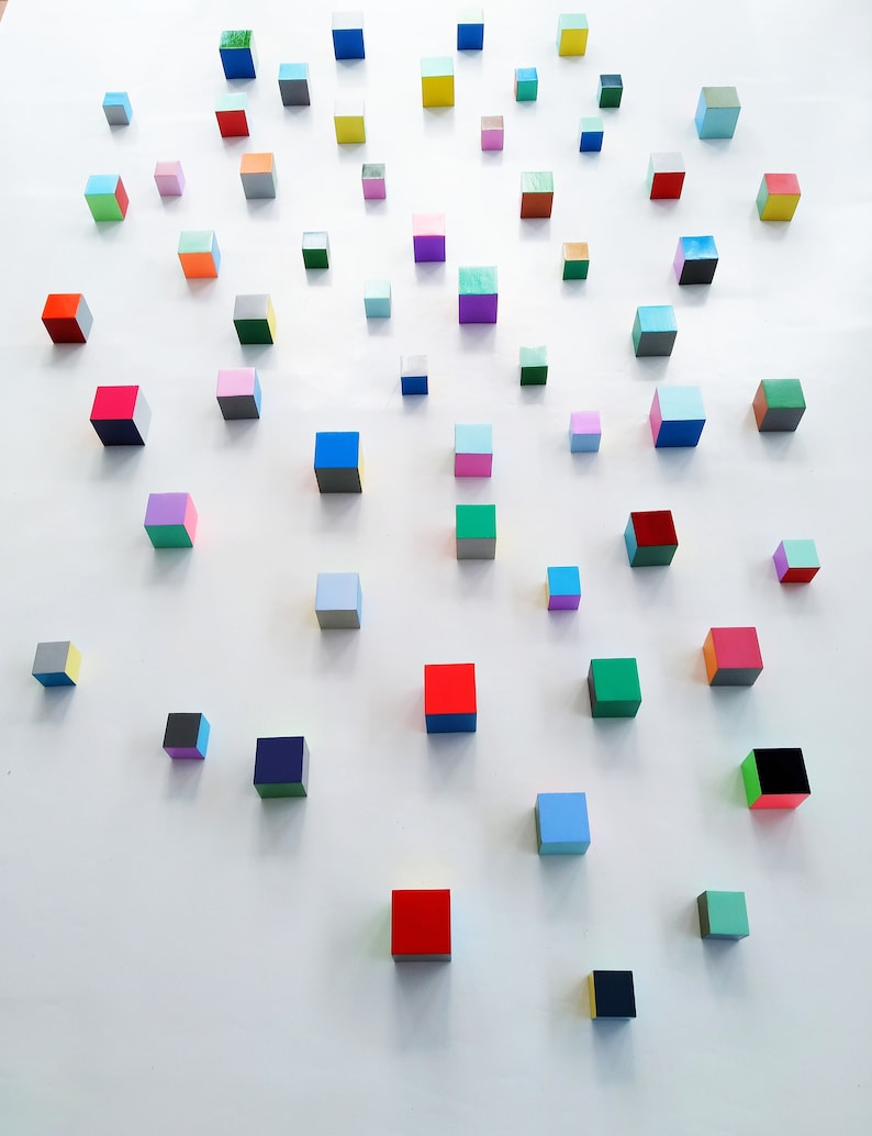 Modern Sculpture 3D wood wall art. © Hand-painted wooden cubes with vibrant bold colors. You can choose the number of wood cubes and sizes. image 6