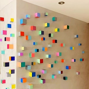 Modern Sculpture 3D wood wall art. © Hand-painted wooden cubes with vibrant bold colors. You can choose the number of wood cubes and sizes. image 1