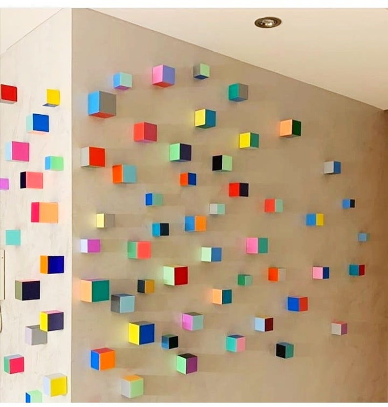 Modern Sculpture 3D wood wall art. © Hand-painted wooden cubes with vibrant bold colors. You can choose the number of wood cubes and sizes. image 1