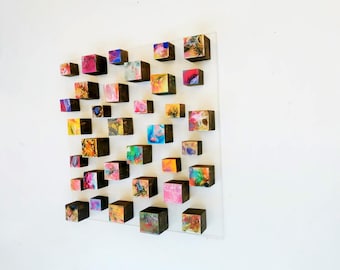 Geometric Wood Cubes, Colorful 3D Resin Mosaic, Floating Acrylic Panel, Handmade Contemporary Sculpture, Statement Home Decor