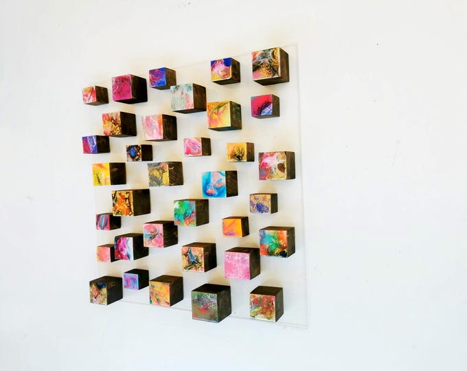 Geometric Wood Cubes, Colorful 3D Resin Mosaic, Floating Acrylic Panel, Handmade Contemporary Sculpture, Statement Home Decor