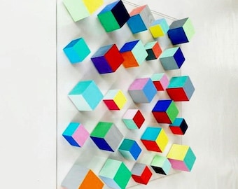 3D Wood Cube Wall Art, Modern Geometric Sculpture, Colorful Home Decor 24X24"