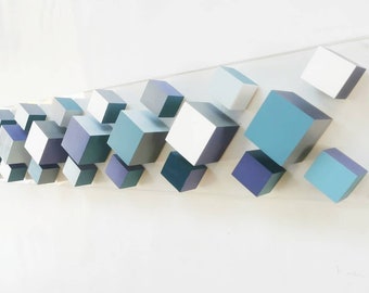 Modern Wood wall art,grey, white and neutral colors. Rectangular, large, long and narrow mosaic. It can be hung vertically or horizontally ©