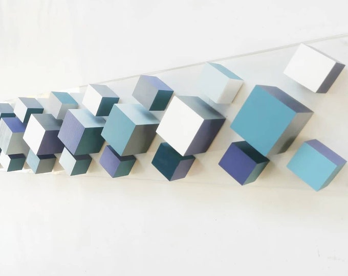 Modern Wood wall art,grey, white and neutral colors. Rectangular, large, long and narrow mosaic. It can be hung vertically or horizontally ©