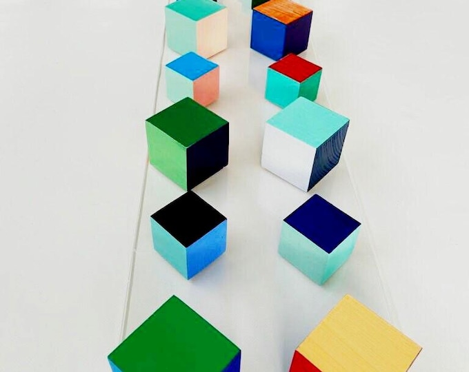 Hand Painted Wood Cube Wall Art: Modern Mosaic Sculpture (39.78" X 8")