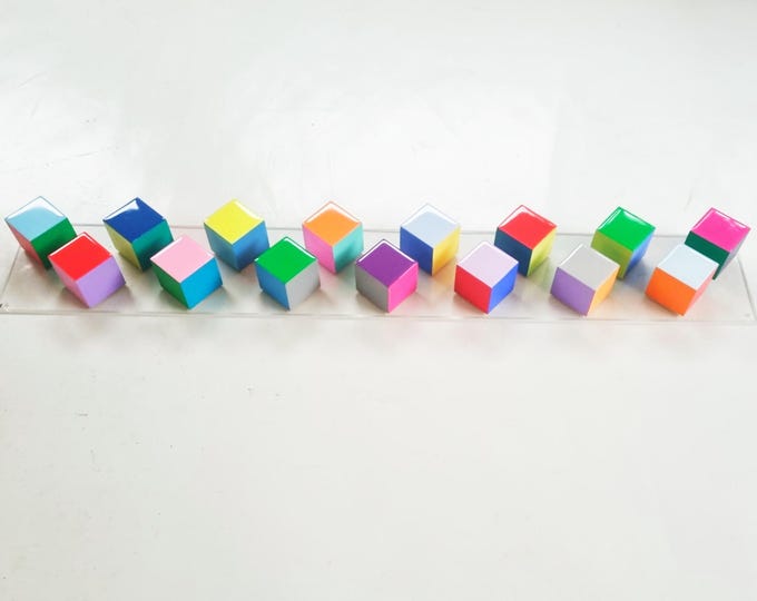 Unique Long and Narrow Wall Art - Customizable Acrylic Panel with Hand-Painted Wooden Cubes. Can be hung vertically and horizontally
