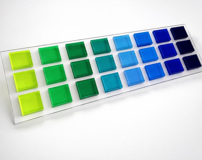 Blue Green Acrylic Wall Art Hand Painted Gradient Panel Geometric Cube Sculpture Large Modern Abstract Decor Perspex 38x12