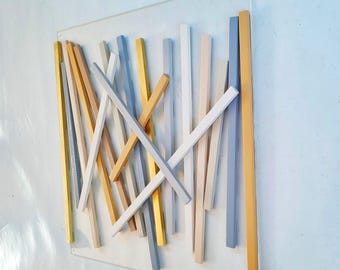 Neutral Wood Slat Wall Art, Hand-Painted 3D Geometric Sculpture, Modern Acrylic Wall Decor, Custom Size & Colors