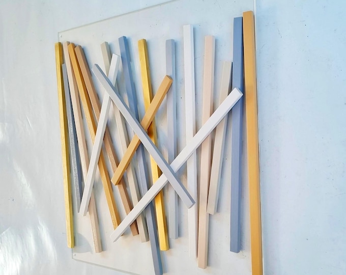 Neutral Wood Slat Wall Art, Hand-Painted 3D Geometric Sculpture, Modern Acrylic Wall Decor, Custom Size & Colors