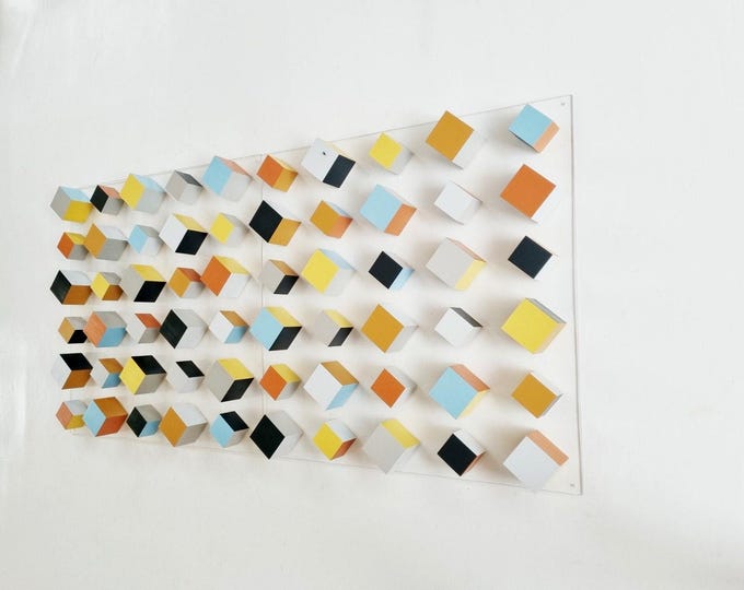 Hand Painted Geometric Wood Wall Art: 3D Cube Mosaic, Floating Design