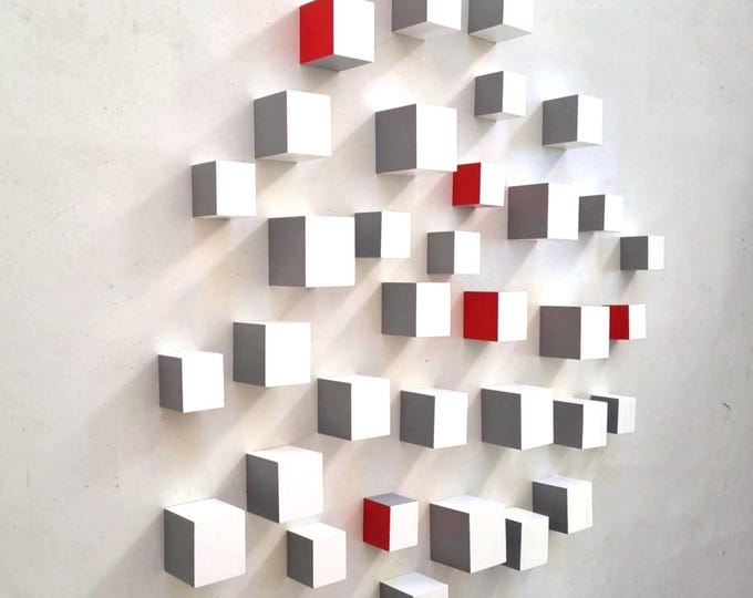 3D Wooden Cube Wall Sculpture | Modern Geometric Art, White, Grey & Red
