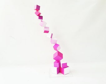 Hand Painted Wood Cube Sculpture: Pink, Purple, & Fuchsia Art