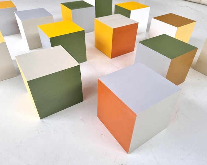 3D Wooden Cube Wall Art – Hand-Painted Geometric Sculpture, Earth Tones