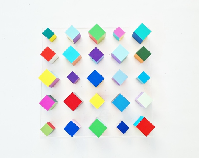 Multi colored wood art in bright and bold happy colors , geometric wood cubes, Abstract and modern wall art. Hand made & hand painted. ©