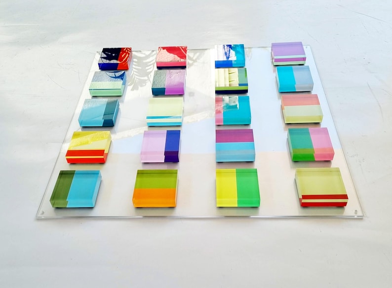Hand Painted Acrylic Blocks, Floating 3D Geometric Wall Sculpture, Custom Lucite Installation, Colorful Modern Decor image 10