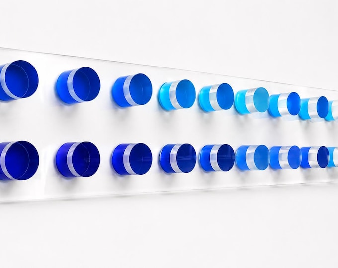 Large Blue Acrylic Sculpture – 3D Lucite Cylinders Artwork – Contemporary Geometric Decor – Hand painted Modern Installation
