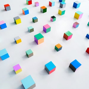 Modern Sculpture 3D wood wall art. © Hand-painted wooden cubes with vibrant bold colors. You can choose the number of wood cubes and sizes. image 5