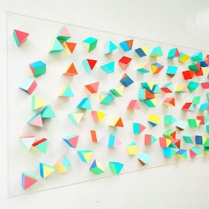 Modern and happy large wood wall art. Triangles wall art. 3d art, Coral, blue, green, turquoise colors. Geometric Floating wood art.©