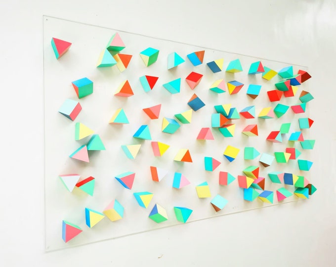 Modern and happy large wood wall art. Triangles wall art. 3d art, Coral, blue, green, turquoise colors. Geometric Floating wood art.©