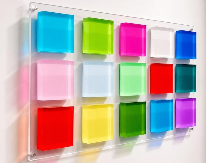 Large Acrylic Wall Art, Colorful Transparent Blocks, Custom 3D Cube Installation, Modern Geometric Sculpture