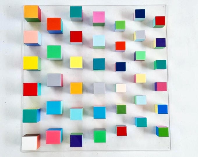 Wood wall art. Hand painted wooden cubes with resin on top face. Fun and vibrant 3d cube, unique and different artwork.