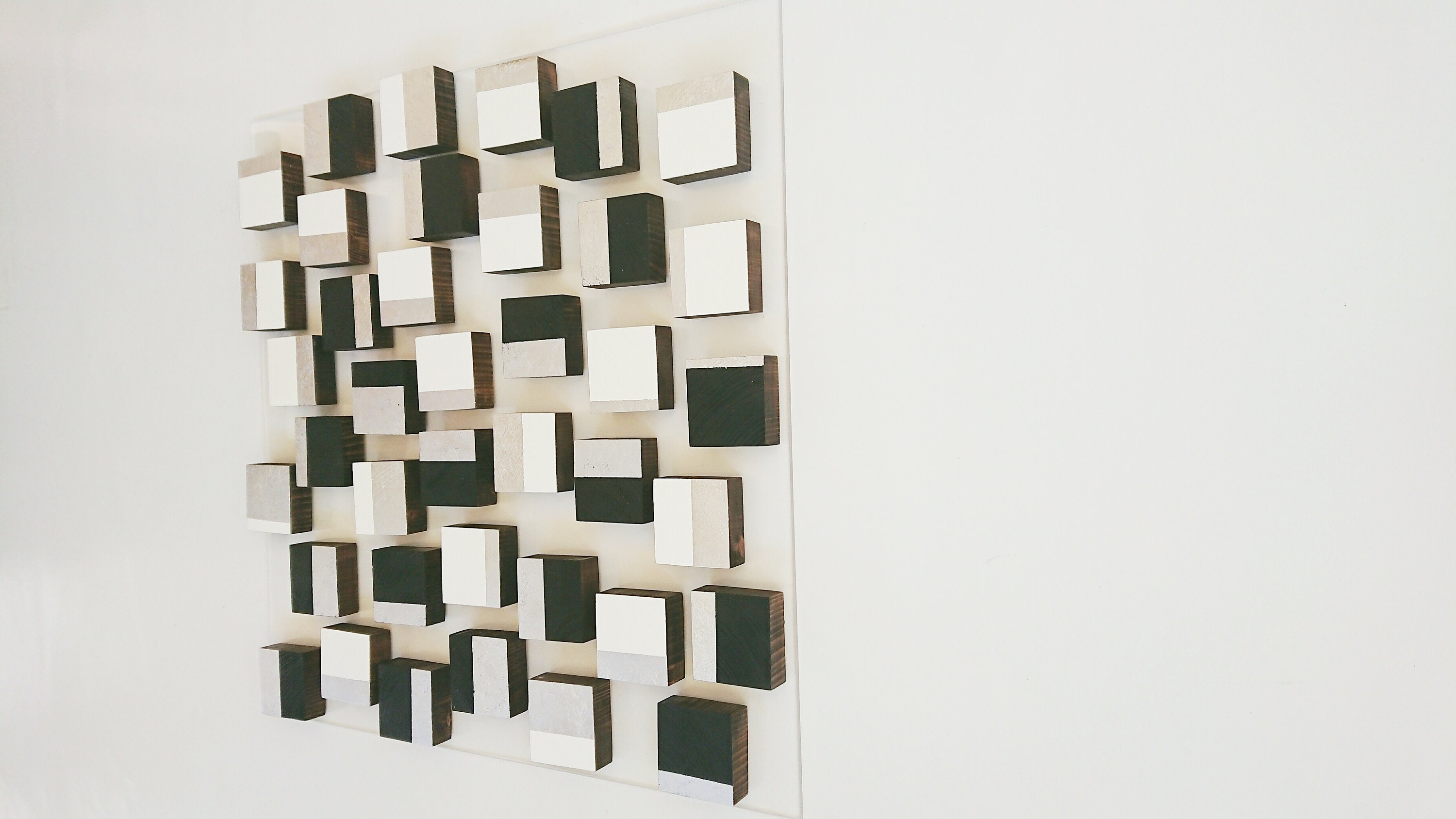 Modern wood wall art. Hand painted tiles in silver foil black Etsy