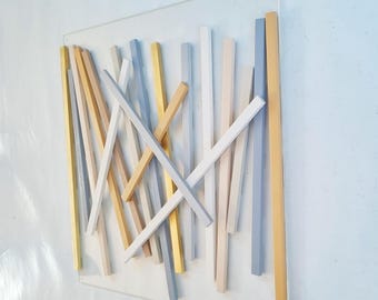Wood wall art in neutral colors. Hand painted Wooden Stick wall decor. 3d Wall sculpture. Slats on acrylic base. Customize size and color