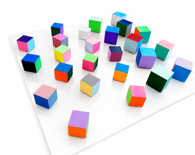 Geometric Wooden Blocks Wall Decor, Vibrant Handcrafted Sculpture, Clear Acrylic Mount, Modern Interior Accent