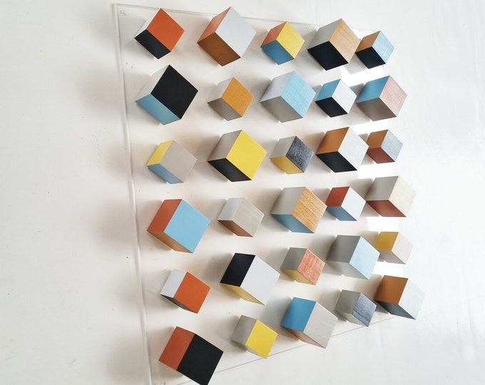 Modern wood art, 3d art in Earth colors. Wood Wall Decor, Geometric art, Wood Sculpture. Cube art. ©  you can choose the size of the panel