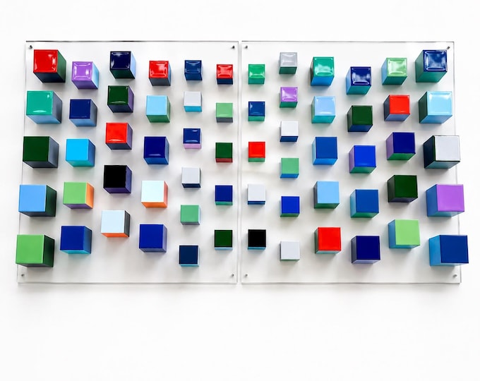 Large Handmade Wood Wall Sculpture, Resin Cube Art, Contemporary Colorful Decor, Geometric Acrylic Panels