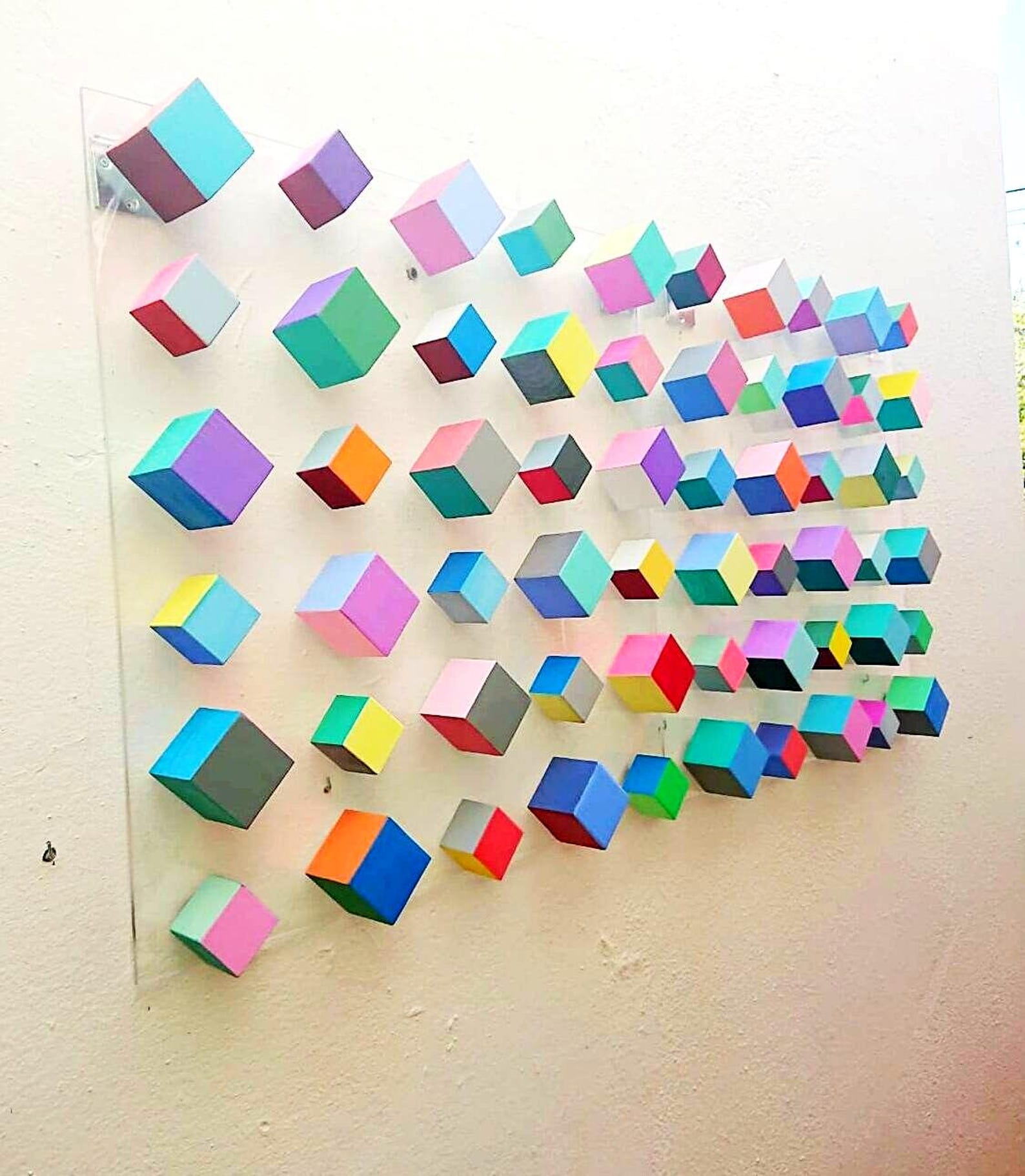 Hand Painted Wooden Cube Wall Art – Colorful 3D Geometric Wall ...