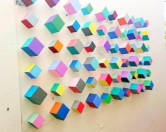 Geometric Wood Cube Wall Art, Hand-Painted colorful 3D Mosaic on Acrylic