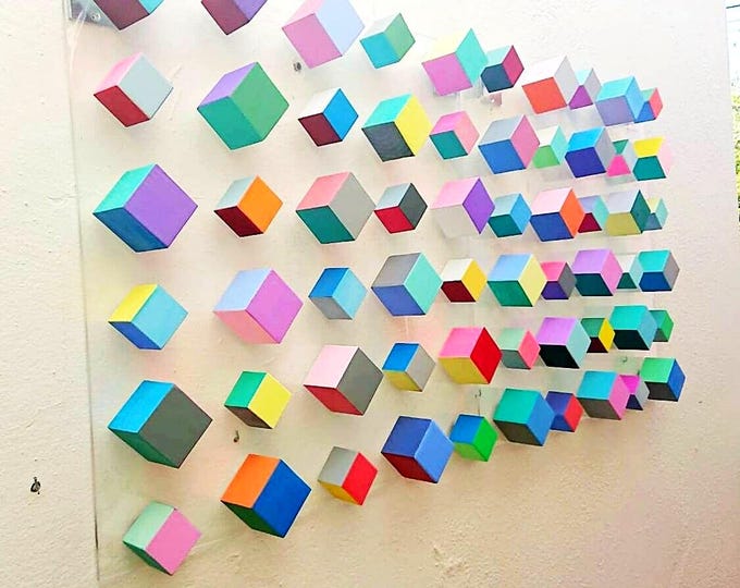 Geometric Wood Cube Wall Art, Hand-Painted colorful 3D Mosaic on Acrylic